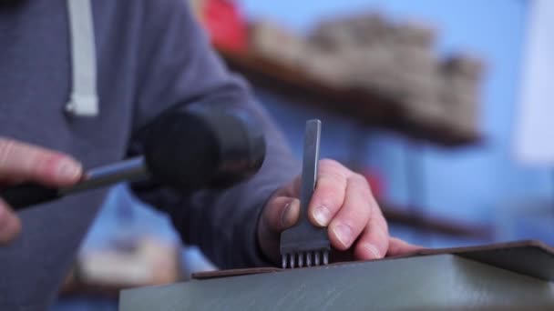 Video Craftsman Punching Genuine Leather Using Line Punch Hammer Creation — Vídeo de Stock