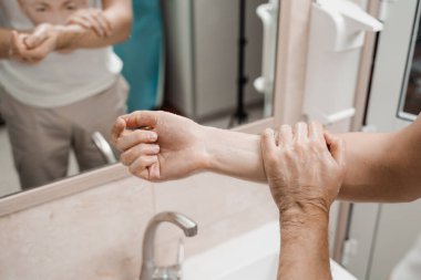 Proper washing hands process to clean and remove bacteria. Hygiene. Correct hand washing with soap, gel and water