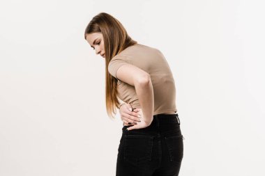 Kidney infection pyelonephritis urinary tract infection. Girl feel backache spine pain because of UTI pyelonephritis disease