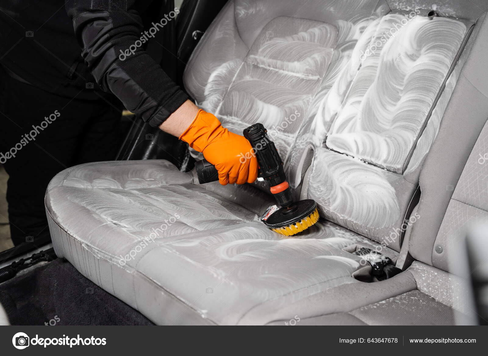 Smearing Detergent Car Textile Seats Using Drill Brush Dry