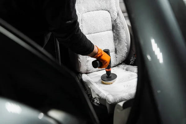 Smearing Detergent Car Textile Seats Using Drill Brush Dry Cleaning — Fotografia de Stock