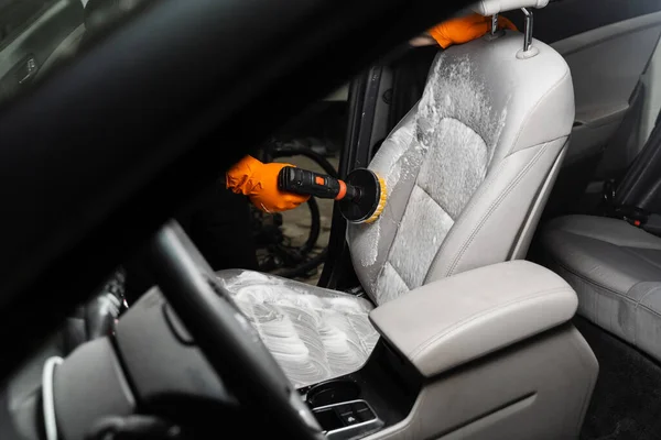 Smearing Detergent Car Textile Seats Using Drill Brush Dry Cleaning — Photo