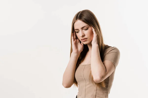 Migraine Strong Headache Girl Isolated White Background Overstressed Young Woman — Zdjęcie stockowe