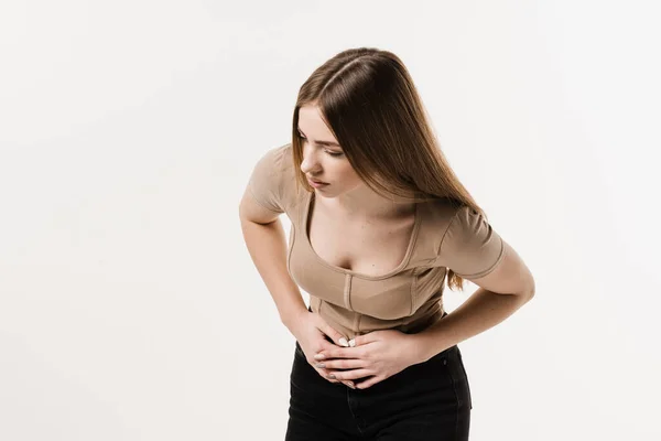 Cancer Stomach Esophagus Girl Sick Young Woman Holding Her Stomach — ストック写真
