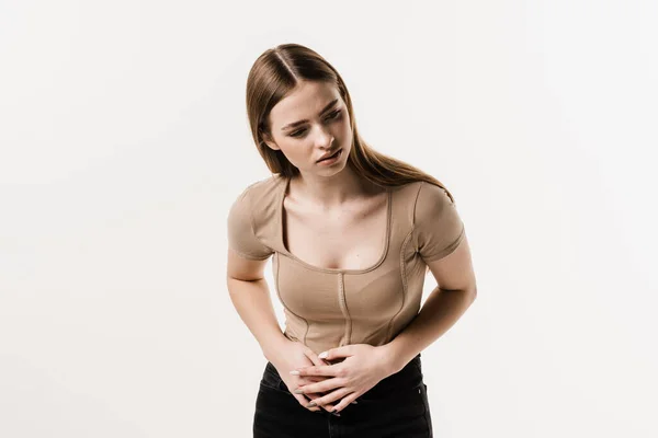 胃の痛み 膵臓の膵炎疾患が炎症を起こします 病気魅力的な女の子ホールド腹部のでそれが痛い — ストック写真