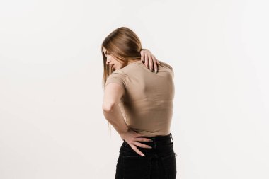 Scoliosis is sideways curvature of the spine. Rachiocampsis bachache of girl. Rheumatism and arthritis diseases