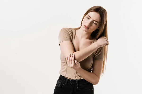 Traumatology Attractive Girl Pain Bruise Her Arm Due Accident Elbow — ストック写真