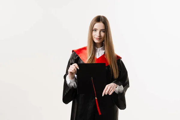 Graduate Girl Master Degree Black Graduation Gown Holding Cap Hands — Photo