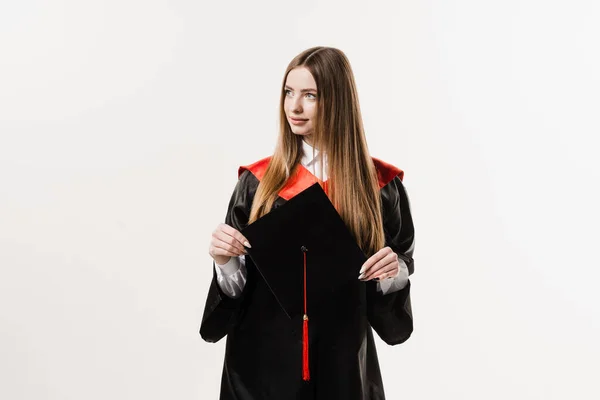 Graduate Girl Master Degree Black Graduation Gown Holding Cap Hands — Φωτογραφία Αρχείου