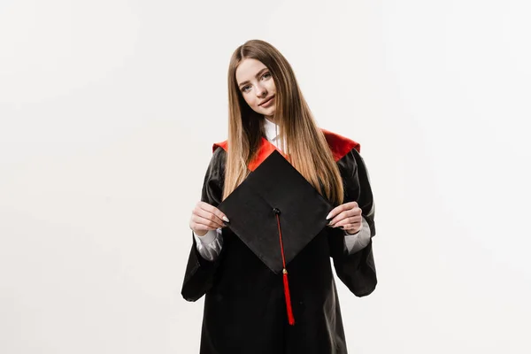 Graduate Girl Master Degree Black Graduation Gown Holding Cap Hands — Φωτογραφία Αρχείου
