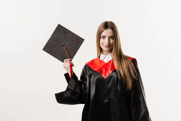 Cheerful Bachelor Girl Graduation Robe Cap White Background Happy Funny — Photo