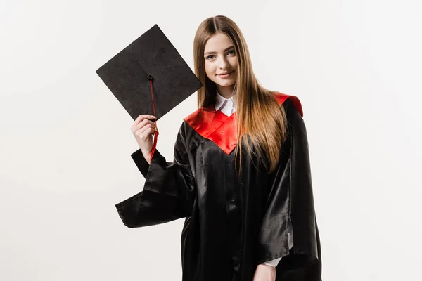 Cheerful Bachelor Girl Graduation Robe Cap White Background Happy Funny — Stok fotoğraf