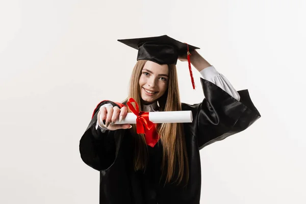 Masters Degree Diploma Red Ribbon Hands Graduate Girl Black Graduation — Photo
