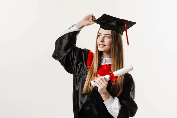 Happy Graduate Girl Smiling Holding Diploma Honors Her Hands White — Foto de Stock