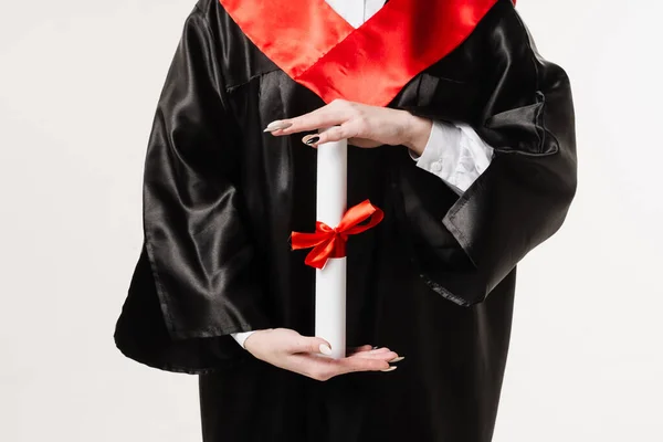 Masters Degree Diploma Hands Close Student Black Graduation Gown Holding — Photo