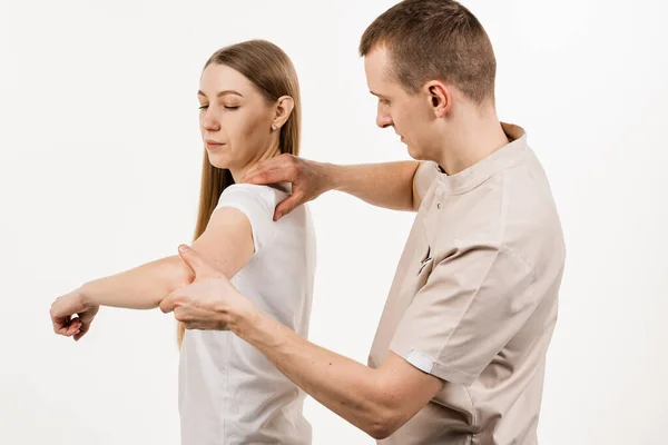 Orthopedic Traumatologist Examines Shoulder Joint Patient Checks Mobility Movements White — Stock Photo, Image