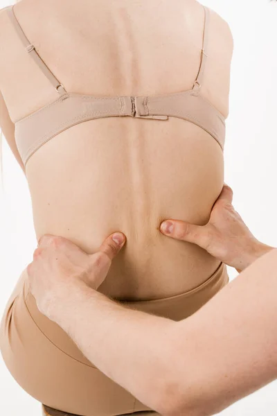 Examination Scaleosis Hernia Girl White Background Orthopedist Traumatologist Examines Back — Stock Photo, Image
