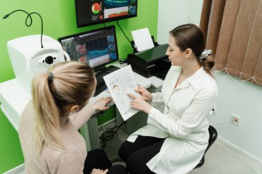 Göz arkası görüntülerini oluşturmak için optik tutarlılık tomografisi tomografisi ile optometriste danışma. Optik tutarlılık tomografisi kullanan hastanın gözlerinin incelenmesi