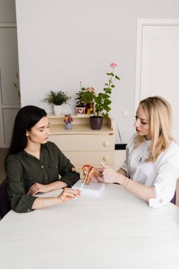 Jinekolog rahmine rahim içi aygıt IUD yerleştirme işlemi gösteriyor. IUD rahim içi cihaz bir doğum kontrol şeklidir. Jinekoloji danışmanlığı