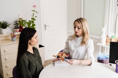 Jinekolog rahmine rahim içi aygıt IUD yerleştirme işlemi gösteriyor. IUD rahim içi cihaz bir doğum kontrol şeklidir. Jinekoloji danışmanlığı