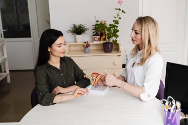 Jinekolog rahmine rahim içi aygıt IUD yerleştirme işlemi gösteriyor. IUD rahim içi cihaz bir doğum kontrol şeklidir. Jinekoloji danışmanlığı