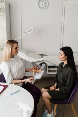 Jinekolog rahmine rahim içi aygıt IUD yerleştirme işlemi gösteriyor. Doğum kontrolünün IUD intrauterine cihaz formu hakkında jinekoloğa danışma