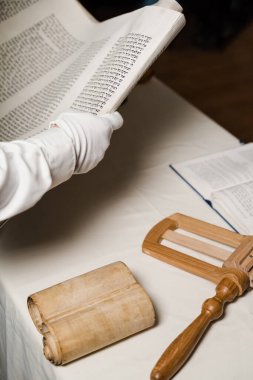 Yahudi İncil 'i olan haham İsrail için dua ediyor. Purim kutlaması. Rabbin Tanakh Yahudi İncili okuyor. Purim için Grogger ses çıkarıcı