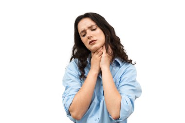 İlk semptomlar gırtlak ağrısı. Hasta çekici kız acıdan boğaz teması kuruyor. Mevsimsel hastalık ilacı