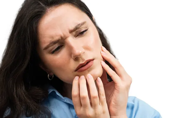 stock image Attractive Girl with Toothache Touches Her Cheek And Feel Pain in Her Teeth. Tooth Ache Before Visit Dentist. Suffering Young Woman With Painful Toothache On White Background