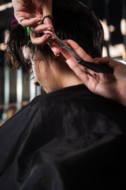 Hairstylist is cutting the hair wet to restrict its movement and get straight lines. Brunette client is getting a brand new hairdo in a hairdresser's shop clipart