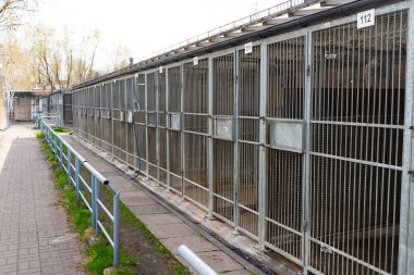 Hayvan barınaklarının dış görünüşü birden fazla metal kafes gösteriyor. Köpek barınağı, köpek kulübeleri ve çitleri var. Sokak köpekleri ve kurtarma köpekleri için kafesli hayvan barınağı