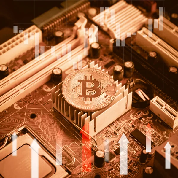 Bitcoin Gruvdrift Koncept Datorns Moderkort Elektronikkort Gruvdrift Elektroniska Pengar Elektroniska — Stockfoto