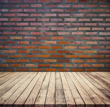 İçi ahşap zeminli boş tuğla bir duvar. 3d oluşturma