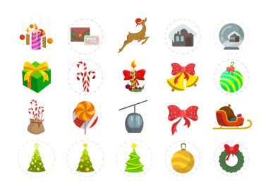 Bir dizi düz Noel ikonu. Hediye, Noel Baba kızağı, Noel ağacı, çan, ren geyiği