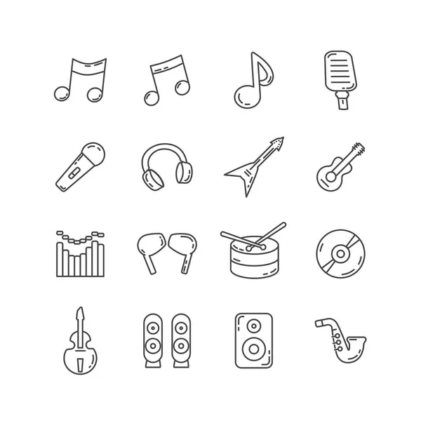 Música Conjunto Iconos Línea Sonido Con Ecualizador Instrumentos Auriculares — Vector de stock
