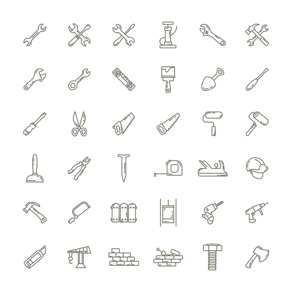 Construction Tools Line Icon Set Hammer Wrench — Stock Vector