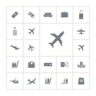 Uçak ikonu, uçuş ikonu, uçak bileti ikonu ile ayarlandı. Uçak simgesi