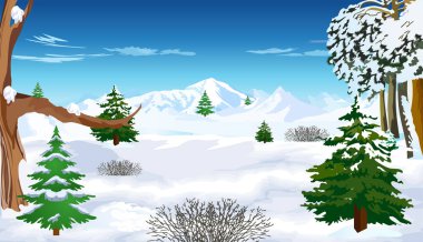 Kar ve ağaç vektör çizimleriyle ormandaki kış manzarası