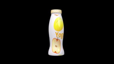 3 boyutlu ikon animasyonu için beyaz plastik kıvırcık şişede yoğurt. şeftali ve elmalı yoğurt 360 derece 3 boyutlu animasyon döndürür
