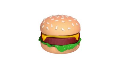 Hamburger 3D ikon animasyonu. 3D çizburger rendeleme. Hamburger 3d simge döndürme izole hareket