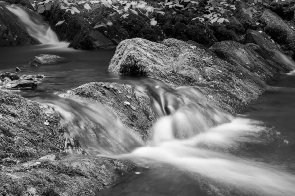 サマセットのホーナーの森を流れるホーナー川の滝の長い露出 — ストック写真
