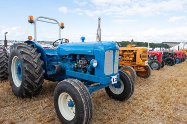 Tarrant Hinton. Dorset. Birleşik Krallık. 25 Ağustos 2022. Büyük Dorset Buhar Fuarı 'nda restore edilmiş eski traktörler sergileniyor.