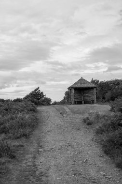 Exmoor Ulusal Parkı 'ndaki Horner Woods manzaralı Jübile kulübesi.