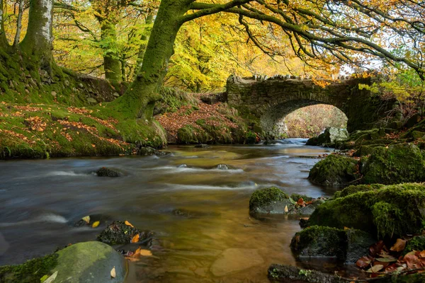 stock image The Weir Water river flowing under Robbers Bridge in Exmoor National Park in autumn