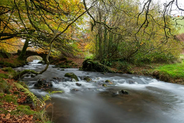 Weir Folyó Folyik Alatt Rablók Híd Exmoor Nemzeti Park Ősszel — Stock Fotó