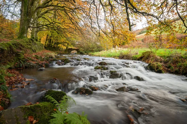 Řeka Weir Water Tekoucí Pod Mostem Lupičů Národním Parku Exmoor — Stock fotografie