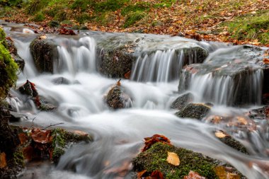 Exmoor Ulusal Parkı 'ndaki Soyguncular Köprüsü' nden akan Weir Nehri 'ne akan şelalenin uzun süre maruz kalması.