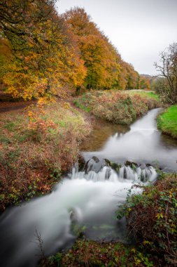 Sonbaharda Exmoor Ulusal Parkı 'ndaki Robbers Köprüsü' ndeki şelaleye uzun süre maruz kalma