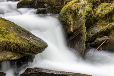 Sonbaharda Exmoor Ulusal Parkı 'ndaki Watersmmet' te Hoar Oak Nehri 'nde bir şelaleye uzun süre maruz kalmak