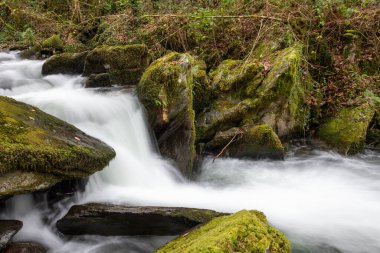 Sonbaharda Exmoor Ulusal Parkı 'ndaki Watersmmet' te Hoar Oak Nehri 'nde bir şelaleye uzun süre maruz kalmak
